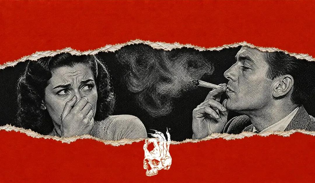 Black-and-white halftone scene of a vintage woman covering her nose and looking skeptically toward a man smoking a joint beside her, visible through a jagged tear in a bold red paper background. Cannabis smoke drifts between them, illustrating the concept of secondhand exposure and the question of whether a contact high is real.
