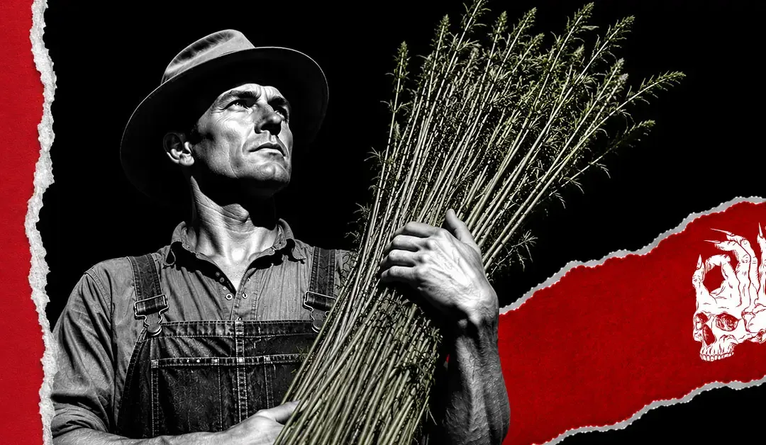 Farmer holding a bundle of green hemp stalks against a dark background with a red torn-paper accent, representing hemp's role as an important agricultural crop in early American history.