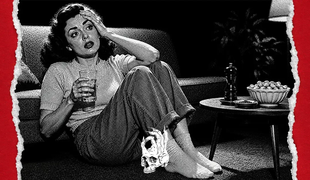 High-contrast black-and-white halftone illustration of a vintage woman sitting on the floor against a couch, holding a glass of water and looking overwhelmed after consuming too much cannabis. A side table beside her holds snacks and black pepper, representing trying to sober up after being too high.