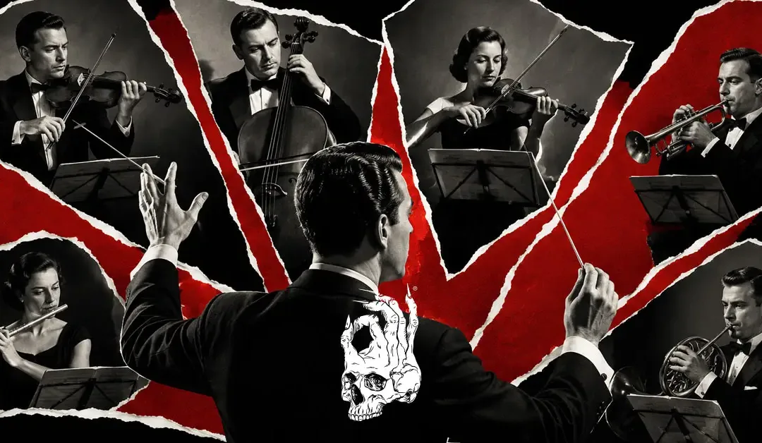 Vintage black-and-white orchestra conductor leading a group of musicians in a torn-paper collage with red accents, illustrating how cannabinoids work together as part of the cannabis plant's chemical profile.