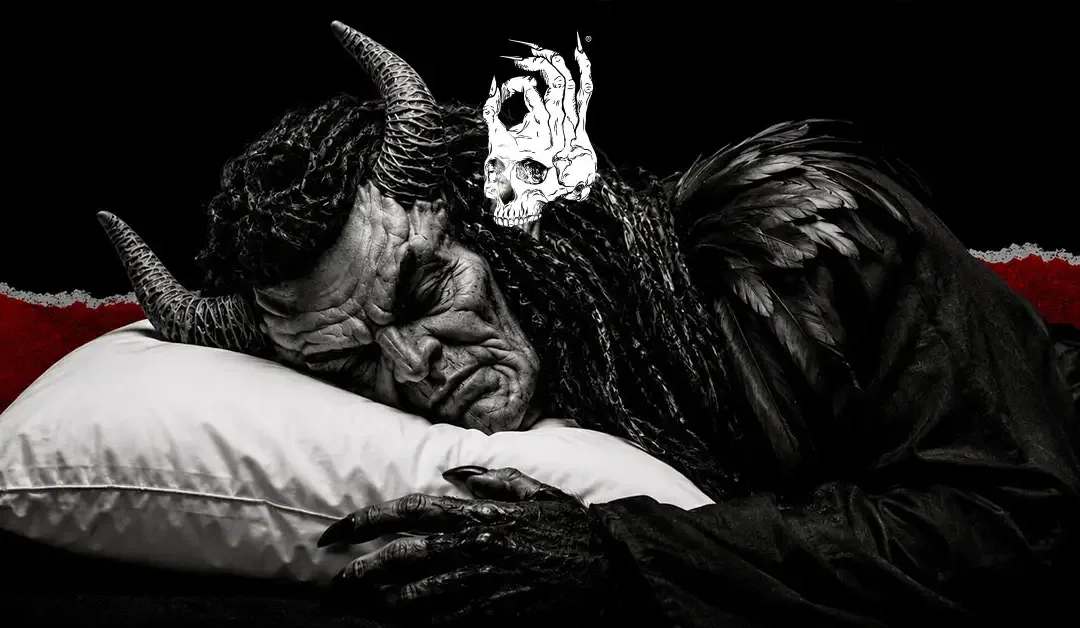 Black-and-white Hellbeing devil resting with eyes closed on a white pillow against a dark background with a red torn-paper accent, representing CBN's reputation as a sleep-focused cannabinoid.