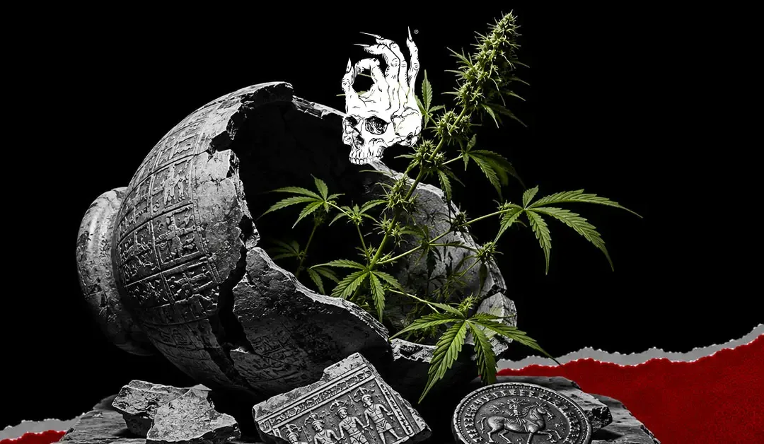 Ancient black-and-white ceramic relic and carved artifacts with a green cannabis plant growing through the ruins, representing cannabis's origins in ancient civilizations and its long history alongside humanity.