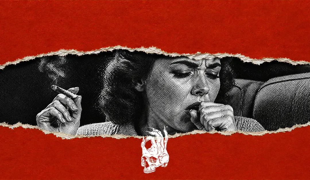 Black-and-white halftone portrait of a vintage woman coughing while holding a lit joint, visible through a jagged tear in a bold red paper background. Smoke rises from the joint as the distressed retro print style illustrates the irritation that can cause cannabis users to cough.