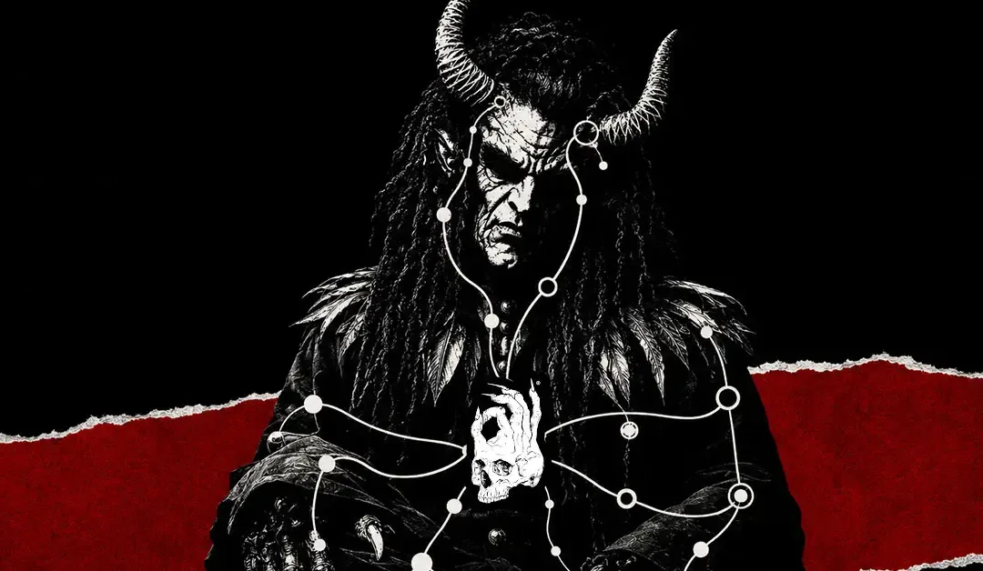 Black-and-white Hellbeing devil seated against a black background with a red torn-paper strip behind him, overlaid with a network of interconnected nodes and pathways centered on a cannabis leaf, representing the endocannabinoid system and how cannabis interacts with the body's internal signaling network.