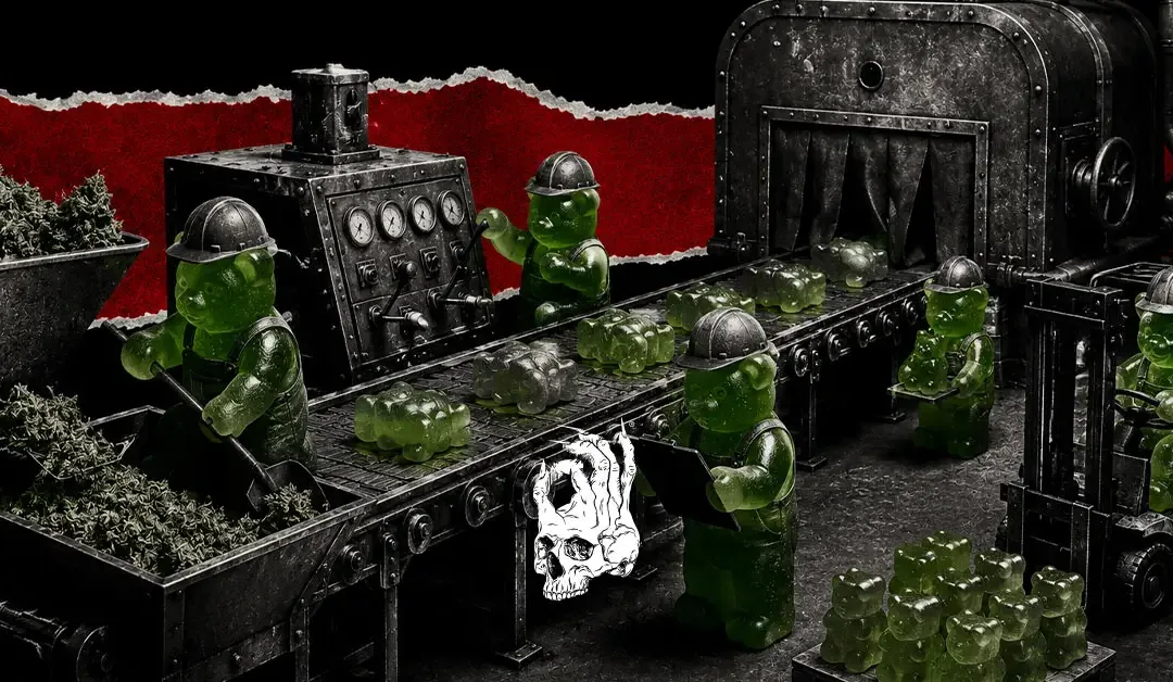 Green gummy bear factory workers operate an industrial assembly line processing cannabis in a black-and-white factory, with conveyor belts, machinery, and a red torn-paper backdrop symbolizing how edibles are transformed by the body before taking effect.