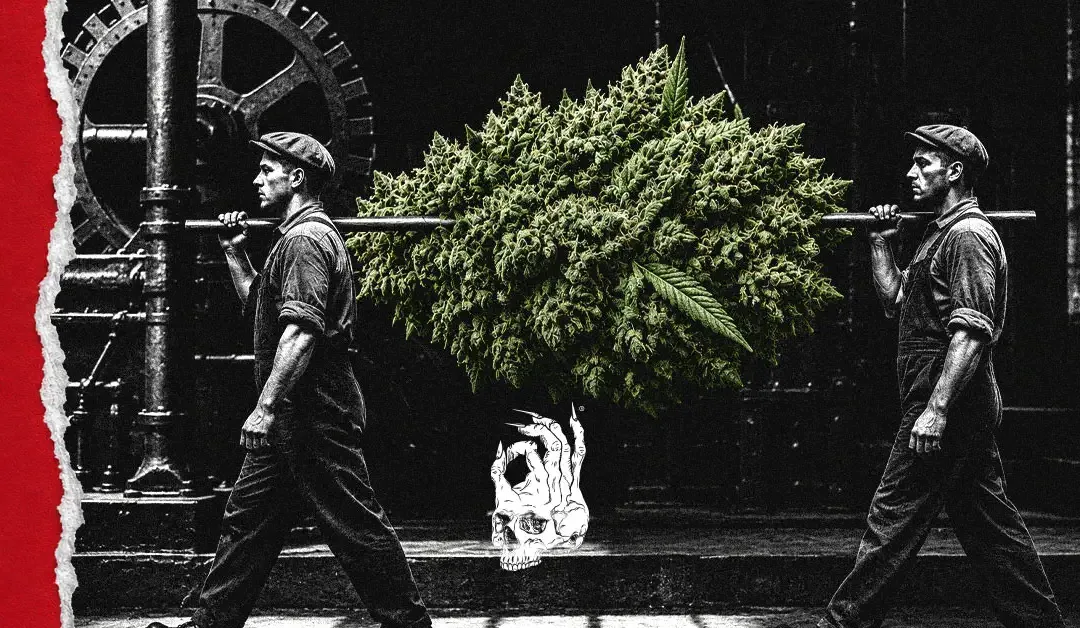 Two black-and-white factory workers carry an oversized green cannabis flower suspended between them on a pole through an industrial factory filled with large machinery and shadows, symbolizing how THC and CBD work together in cannabinoid ratios.