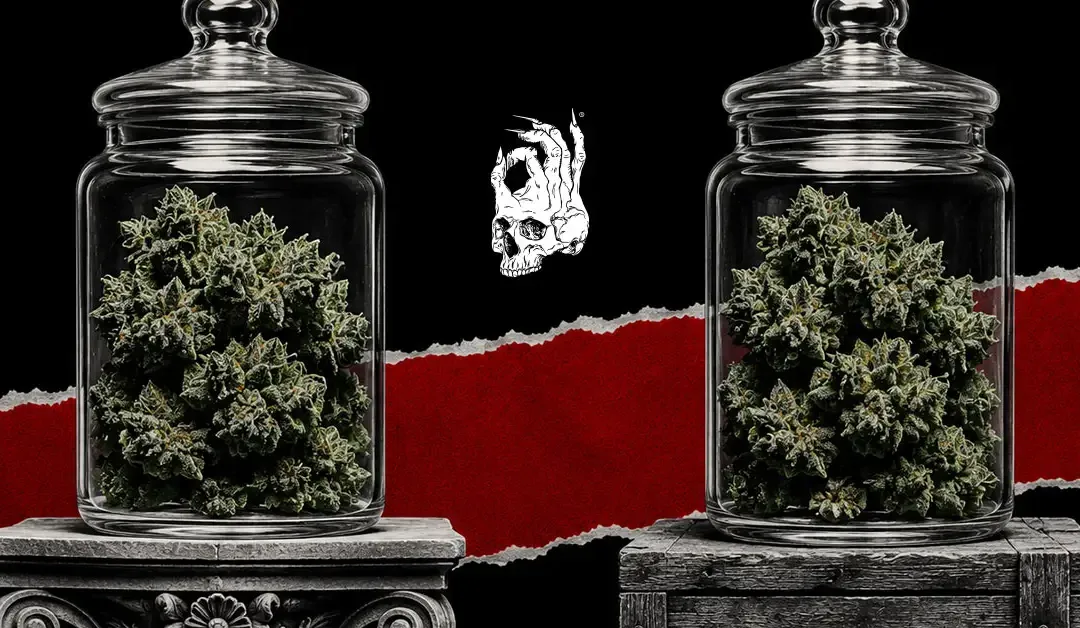 Two identical jars of cannabis flower sit side by side against a black background, one displayed on an ornate pedestal and the other on a simple wooden crate, with a red torn-paper strip behind them, illustrating the difference between perceived value and actual quality.