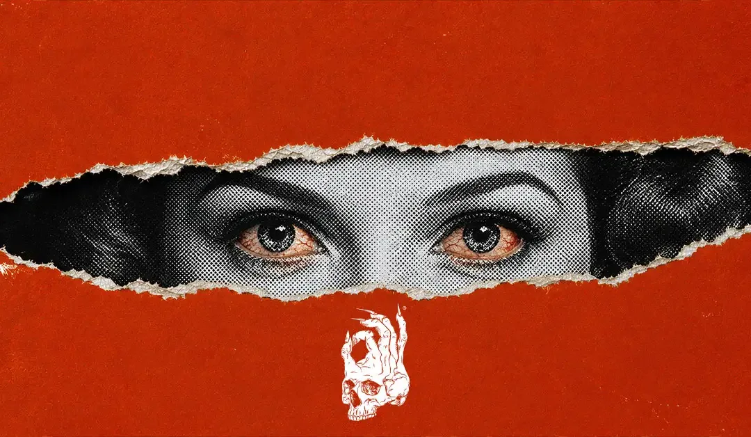 Black-and-white halftone portrait of a vintage woman peering through a jagged tear in a bold red paper surface, with visibly bloodshot red eyes staring directly forward. The composition uses high-contrast retro print styling and distressed paper textures to illustrate cannabis-induced eye redness.